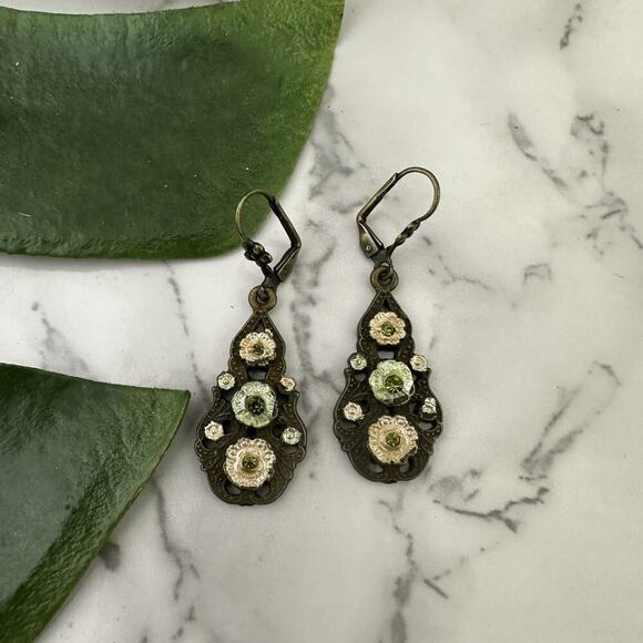 Vintage 70s Pendant Earrings Pink Green Rhinestone Floral Boho Peasant Dangle - Picture 2 of 4